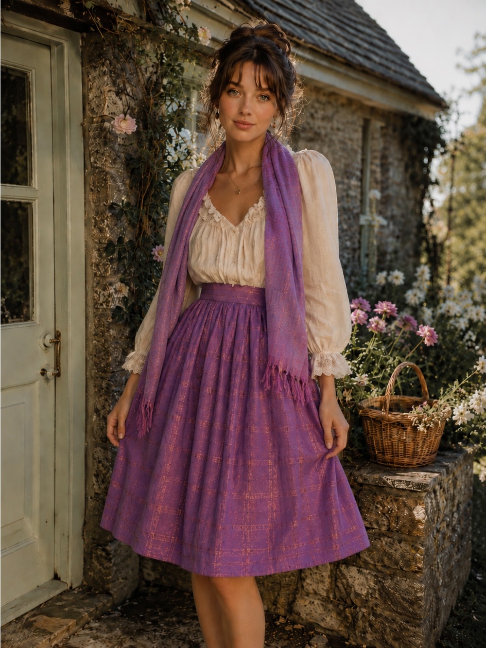 Vintage Irish Skirt & Scarf Pure Purple Wool Handwoven XS Cottagecore Heritage